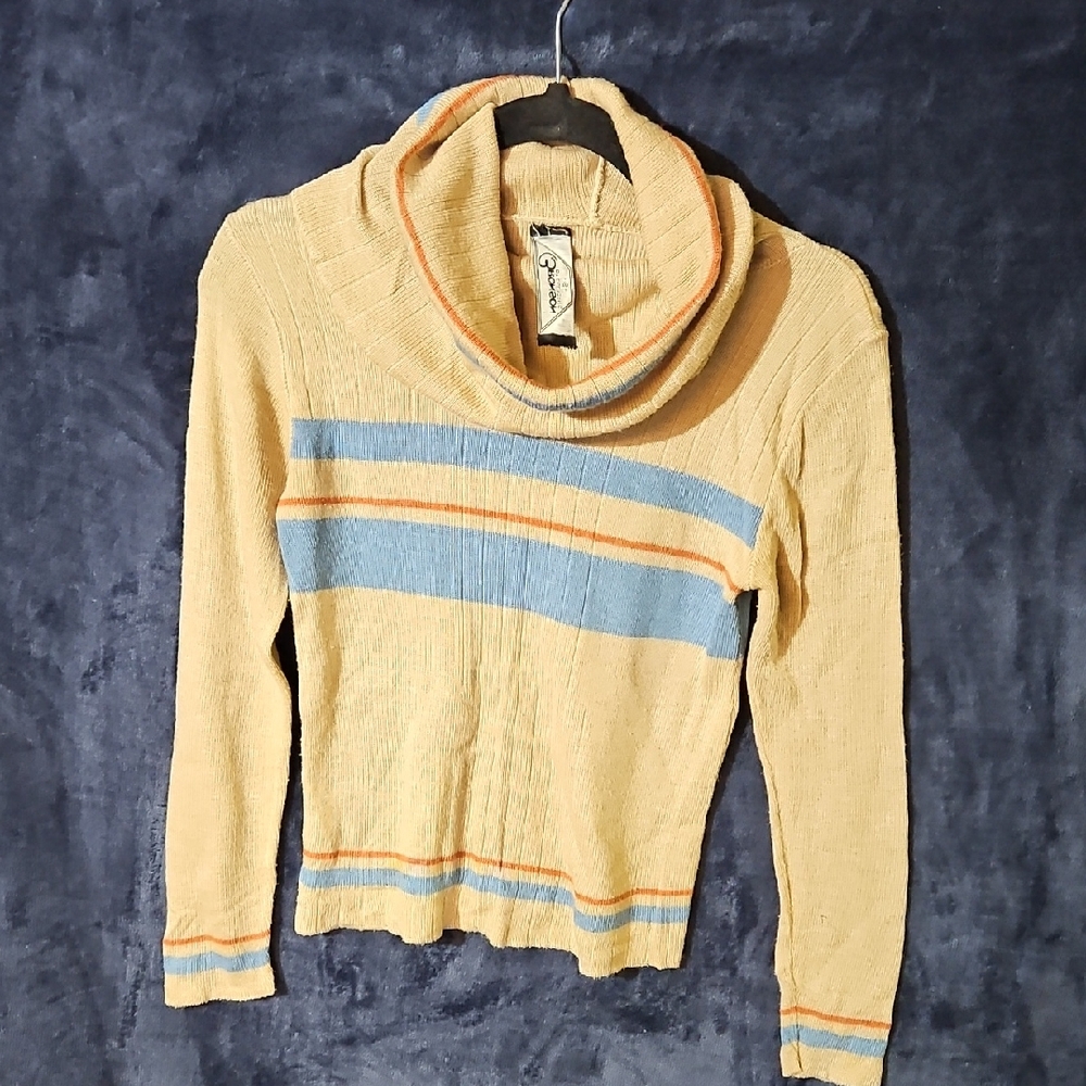 Vintage Cozy Tan and Blue Striped Sweater